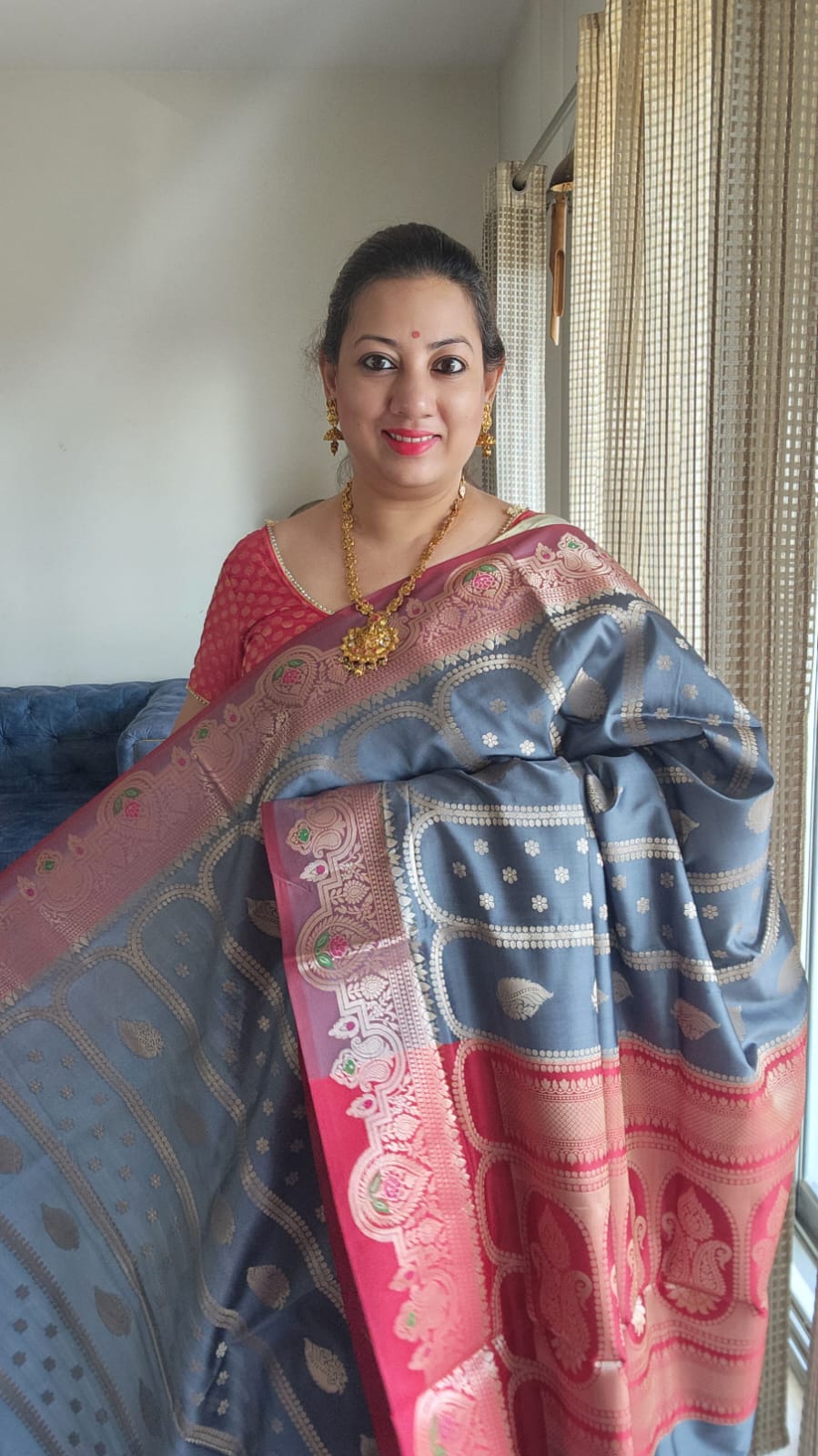 Grey and red benarasi