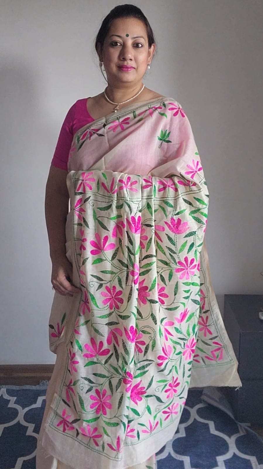 Cotton and tussar mix kantha stitch saree