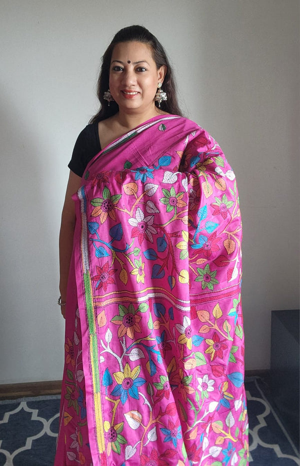 Pink kantha stitch saree with multi colour thread work