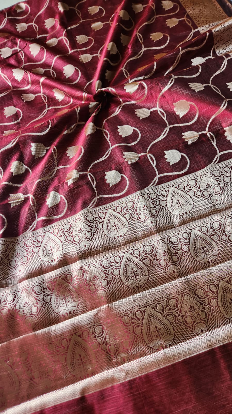 Maroon semi tussar benarasi saree with tulip design