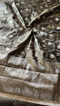 Olive grey semi tussar benarasi saree with tulip design