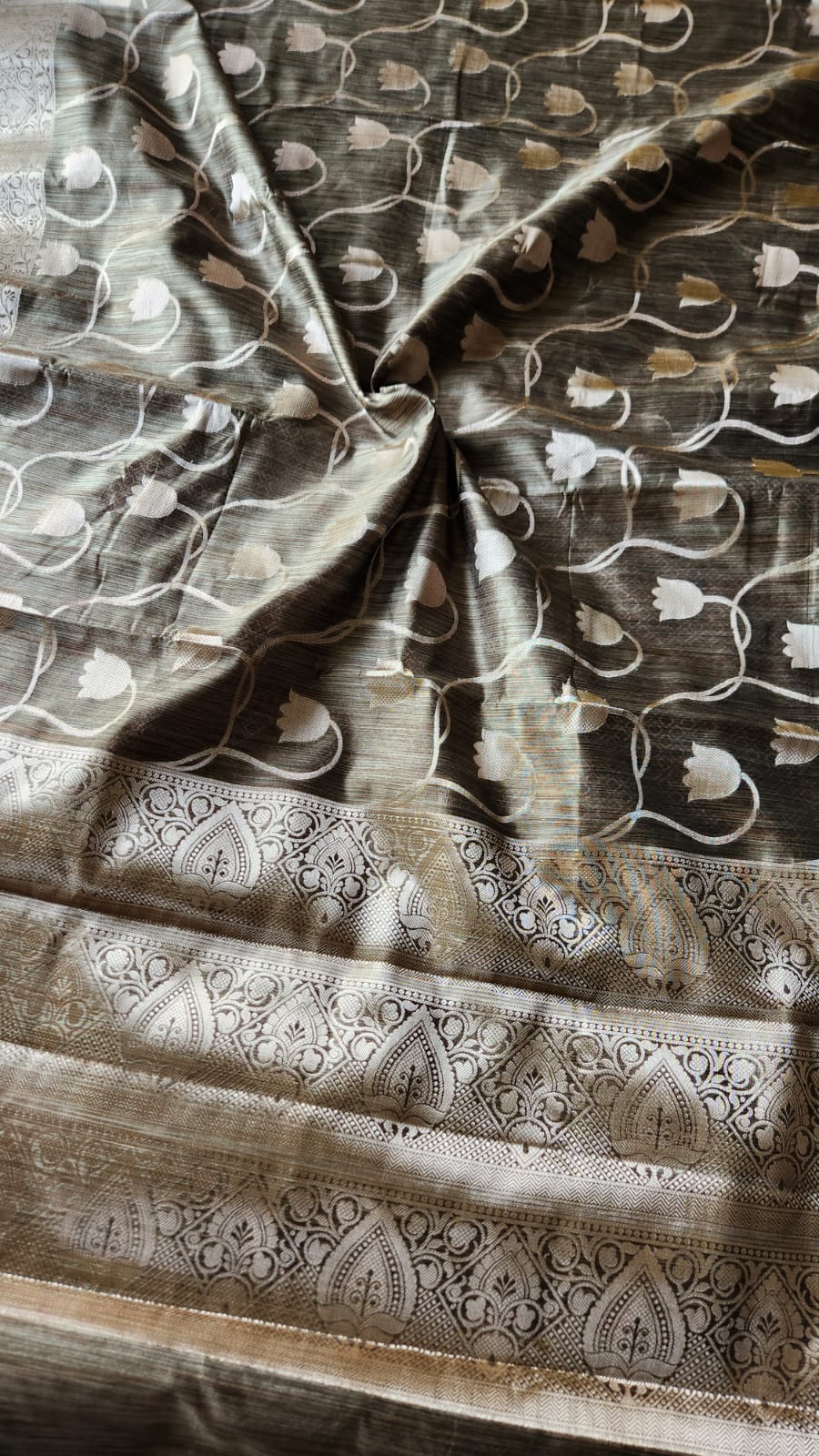 Olive grey semi tussar benarasi saree with tulip design