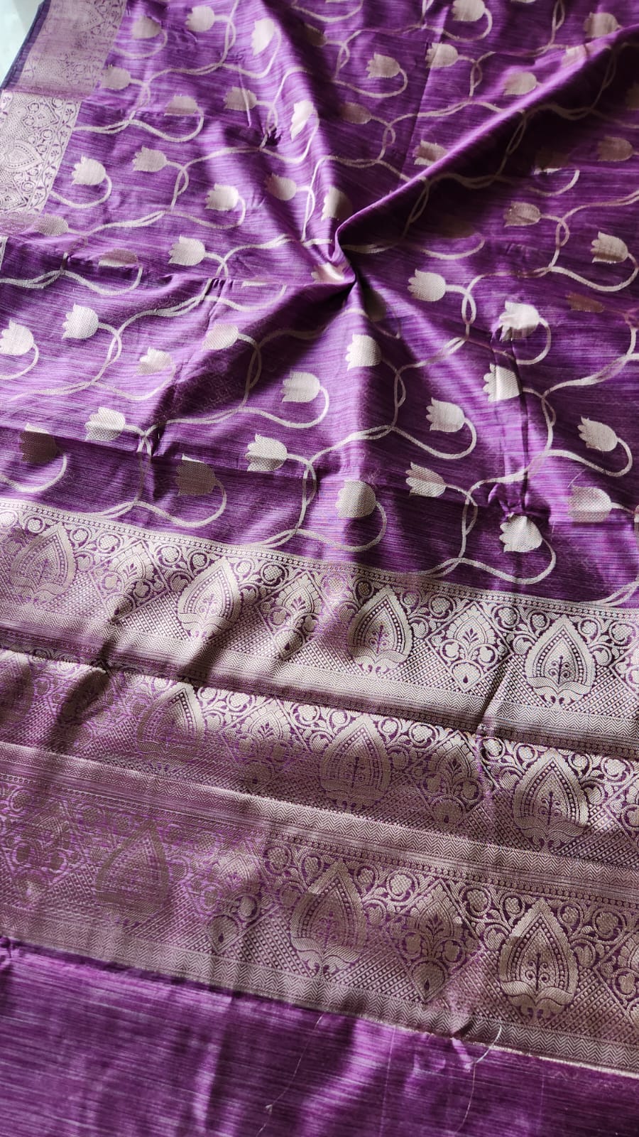 Purple semi tussar benarasi saree with tulip design