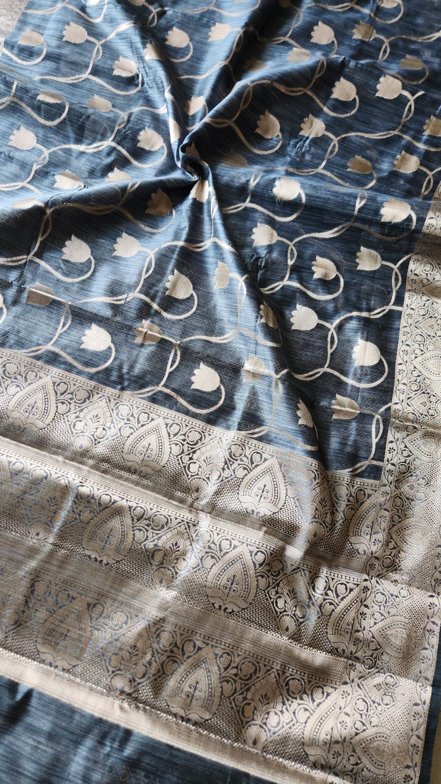 Grey semi tussar benarasi saree with tulip design