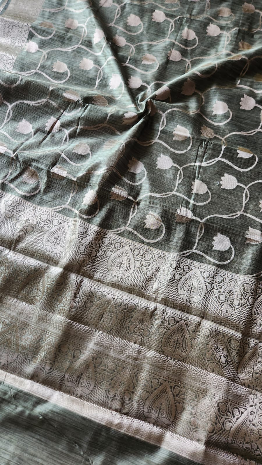 Olive green semi tussar benarasi saree with tulip design