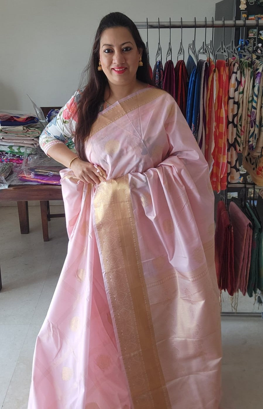 Pink and golden zari gadwal