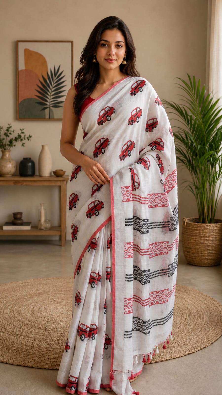 Taxi print linen cotton saree