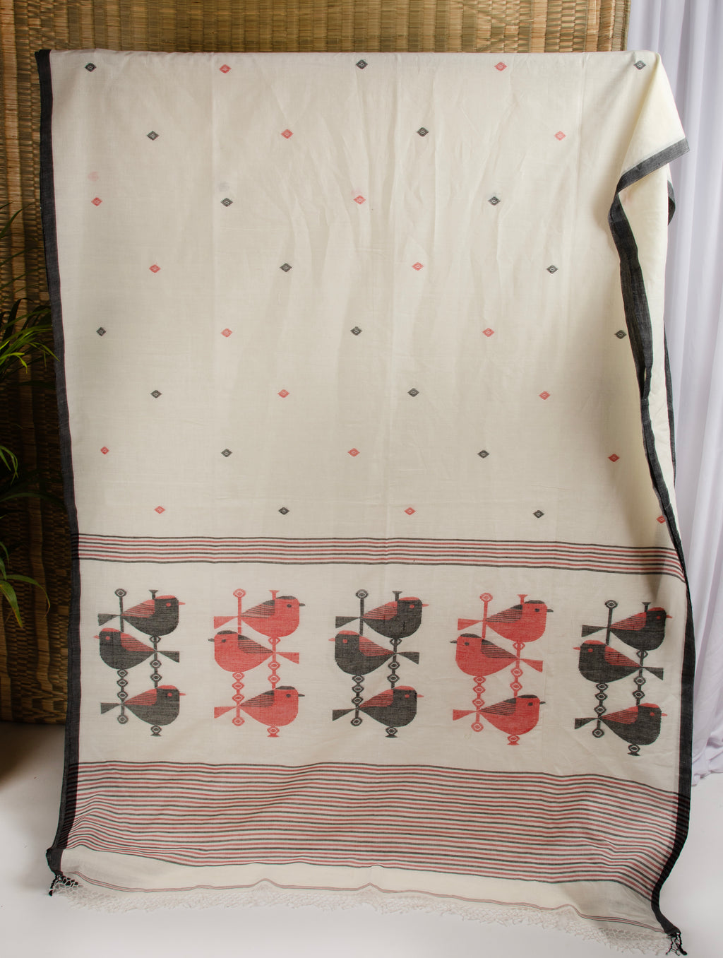 Off white cotton saree with bird motif