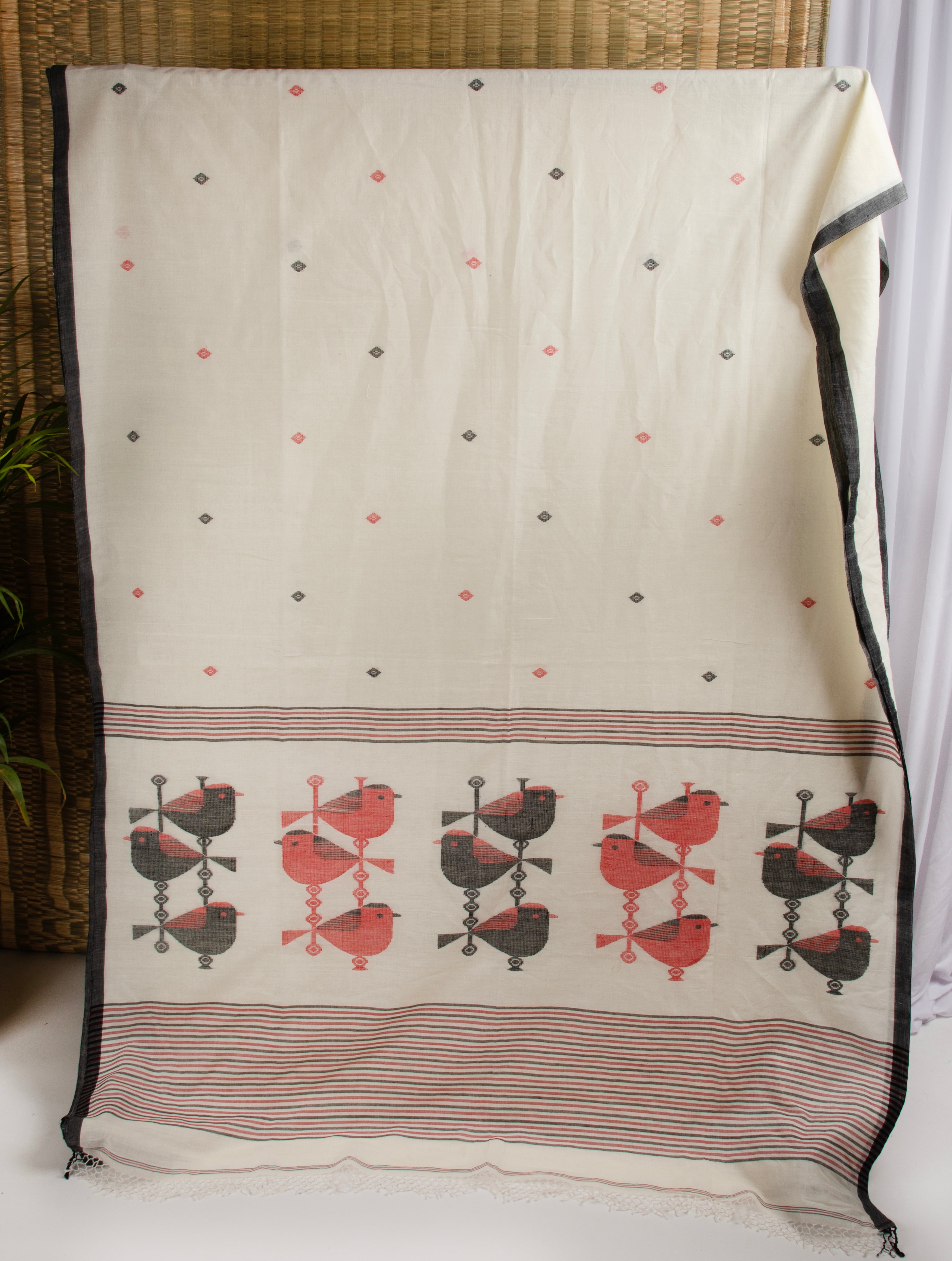 Off white cotton saree with bird motif
