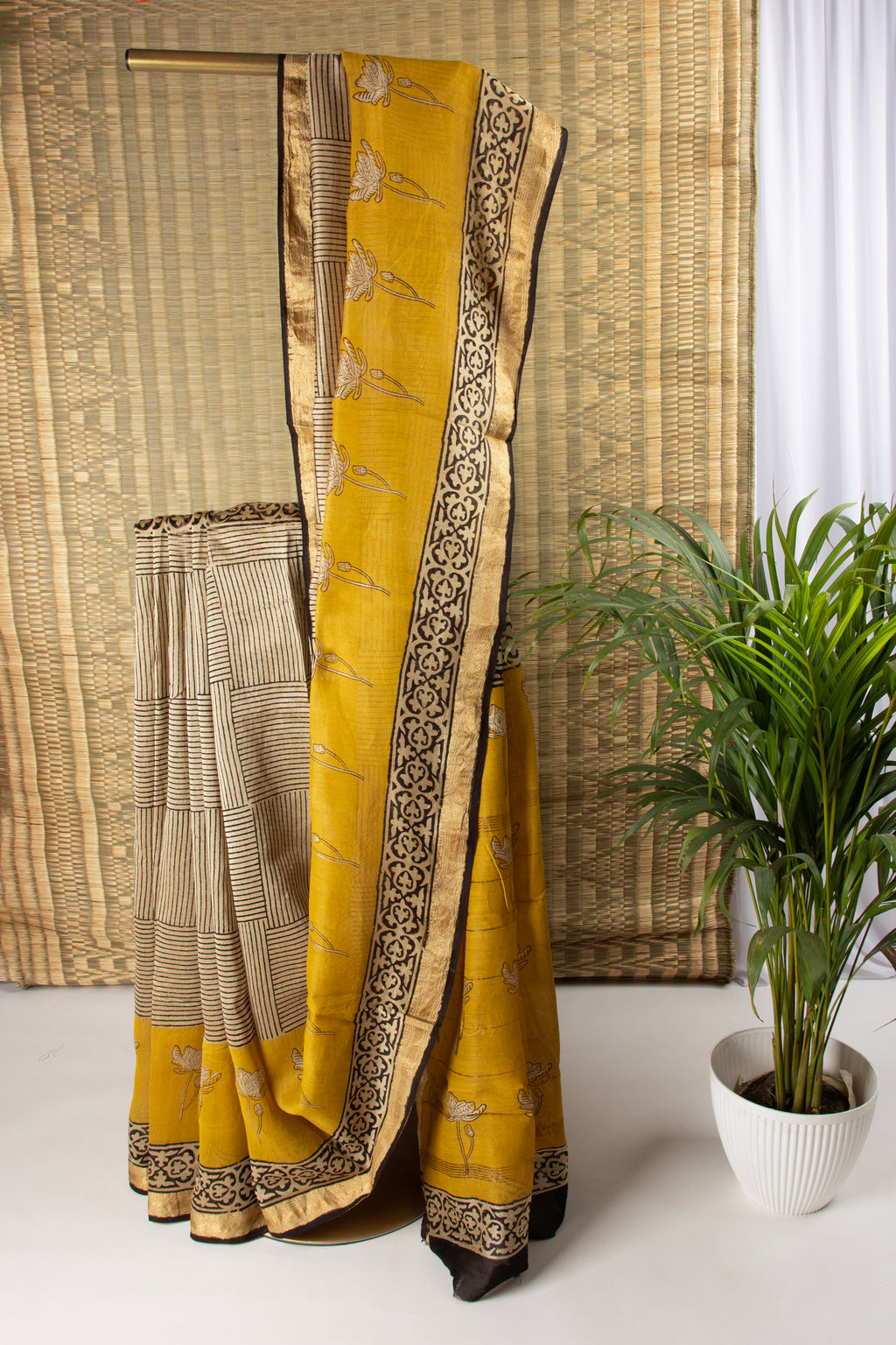 Beige and yellow silk cotton block print saree