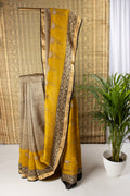 Beige and yellow silk cotton block print saree