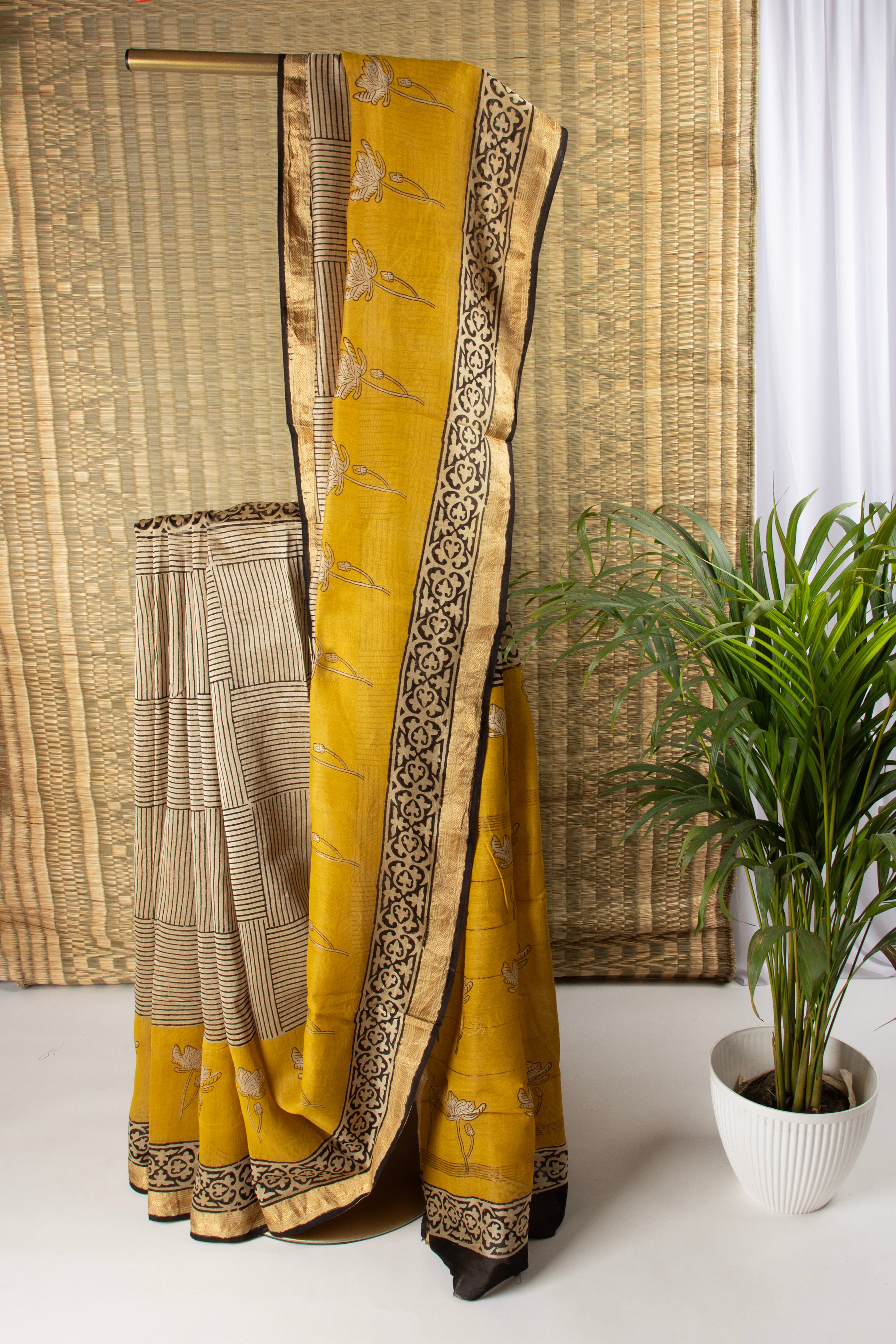 Beige and yellow silk cotton block print saree