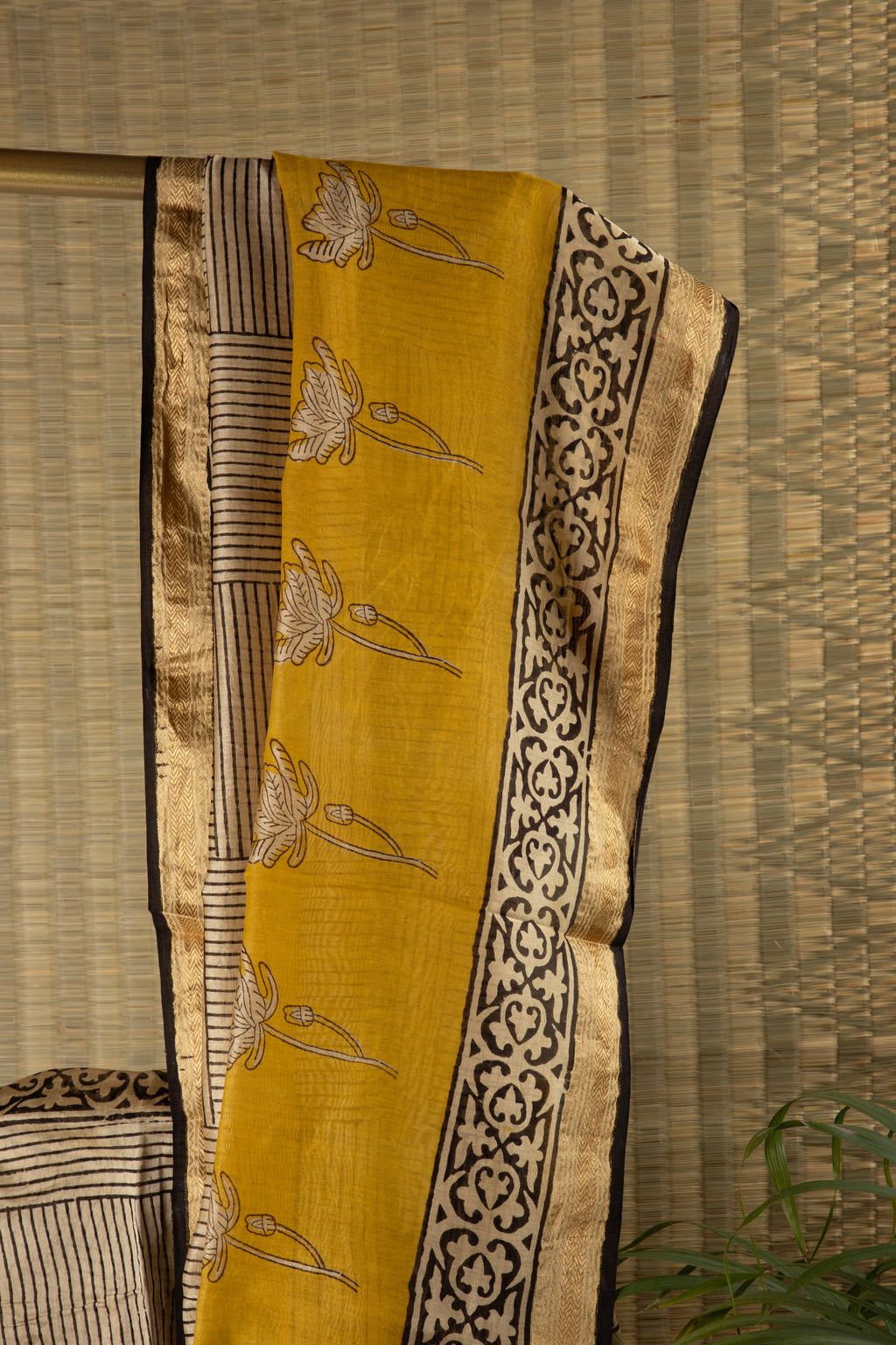 Beige and yellow silk cotton block print saree