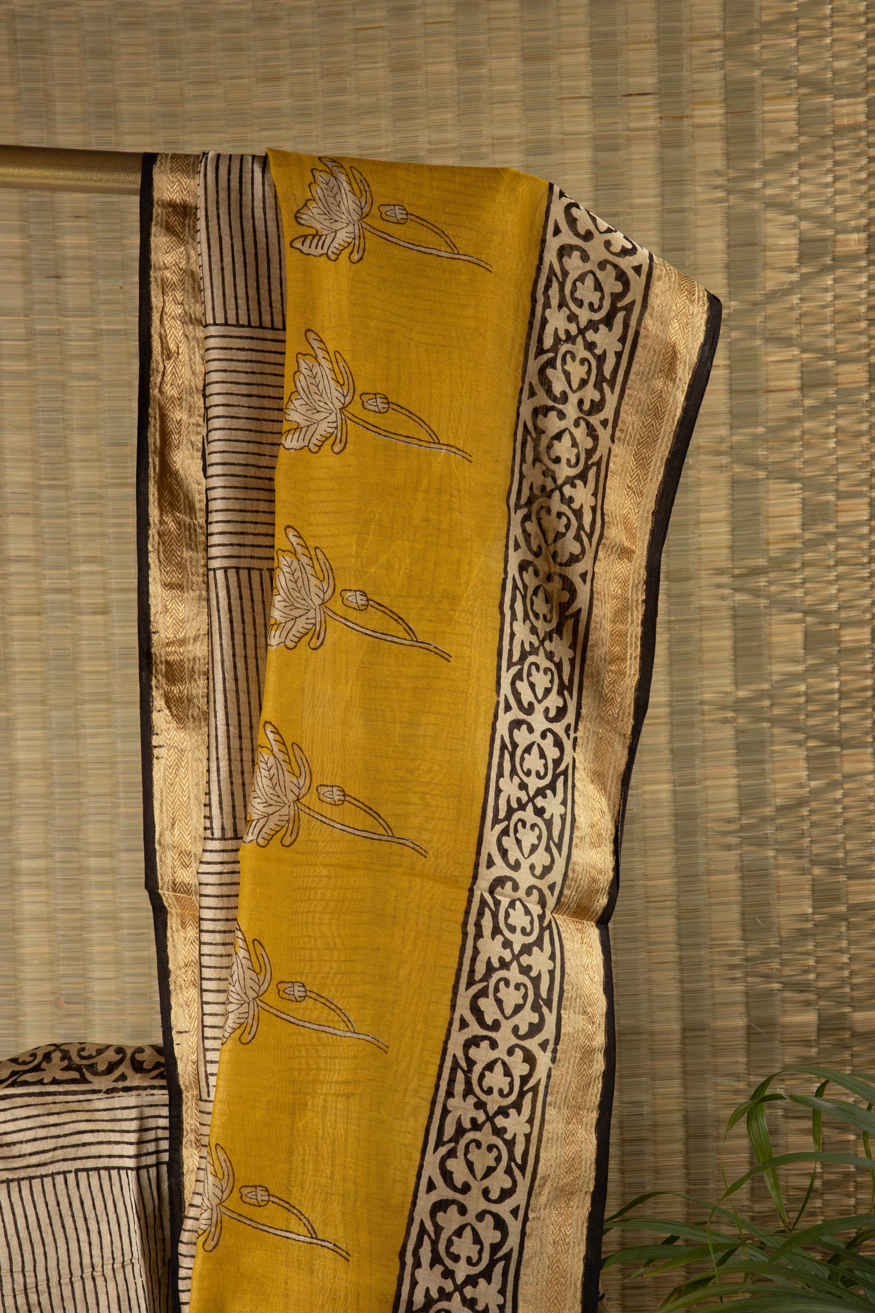 Beige and yellow silk cotton block print saree
