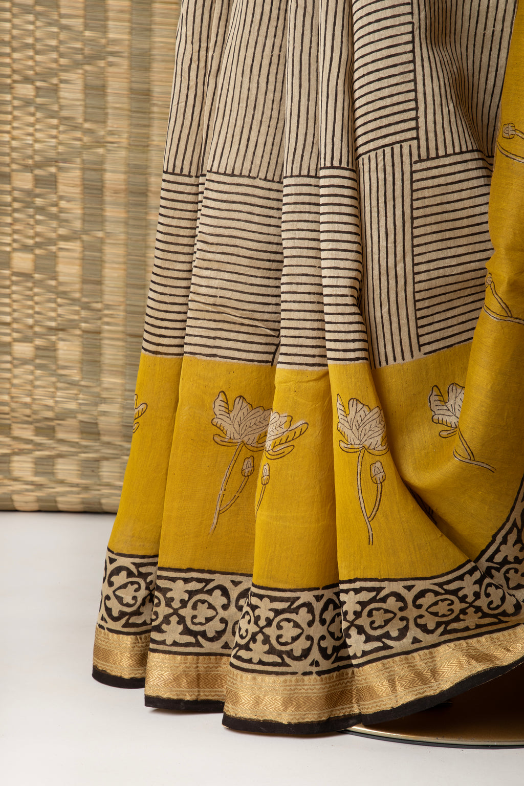 Beige and yellow silk cotton block print saree