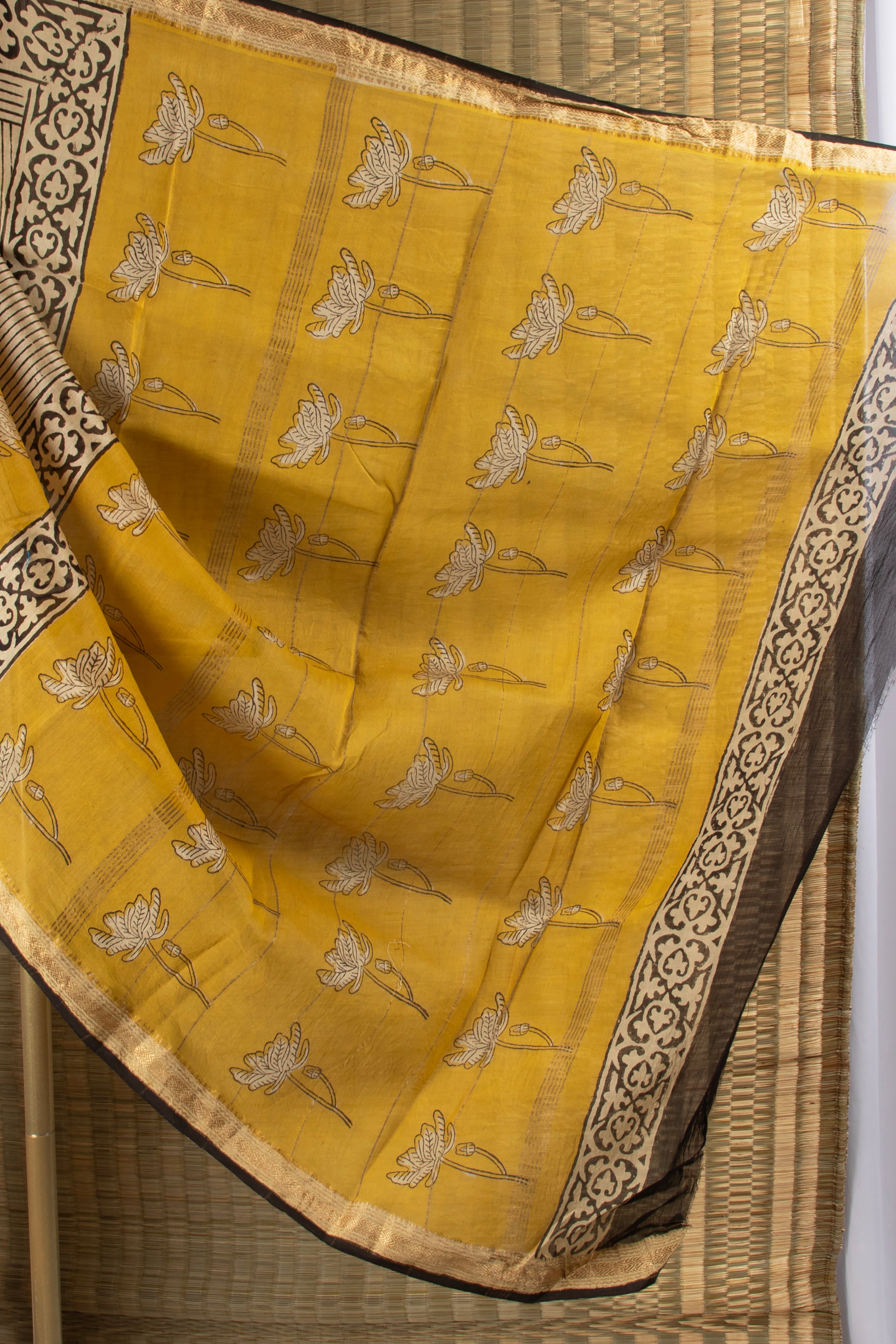 Beige and yellow silk cotton block print saree