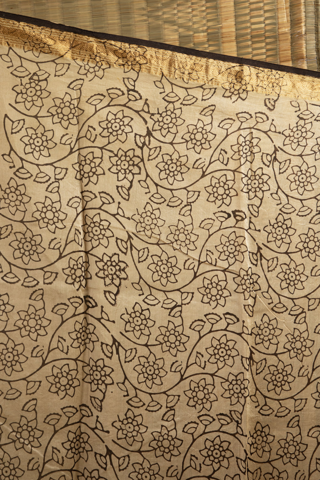 Beige and yellow silk cotton block print saree