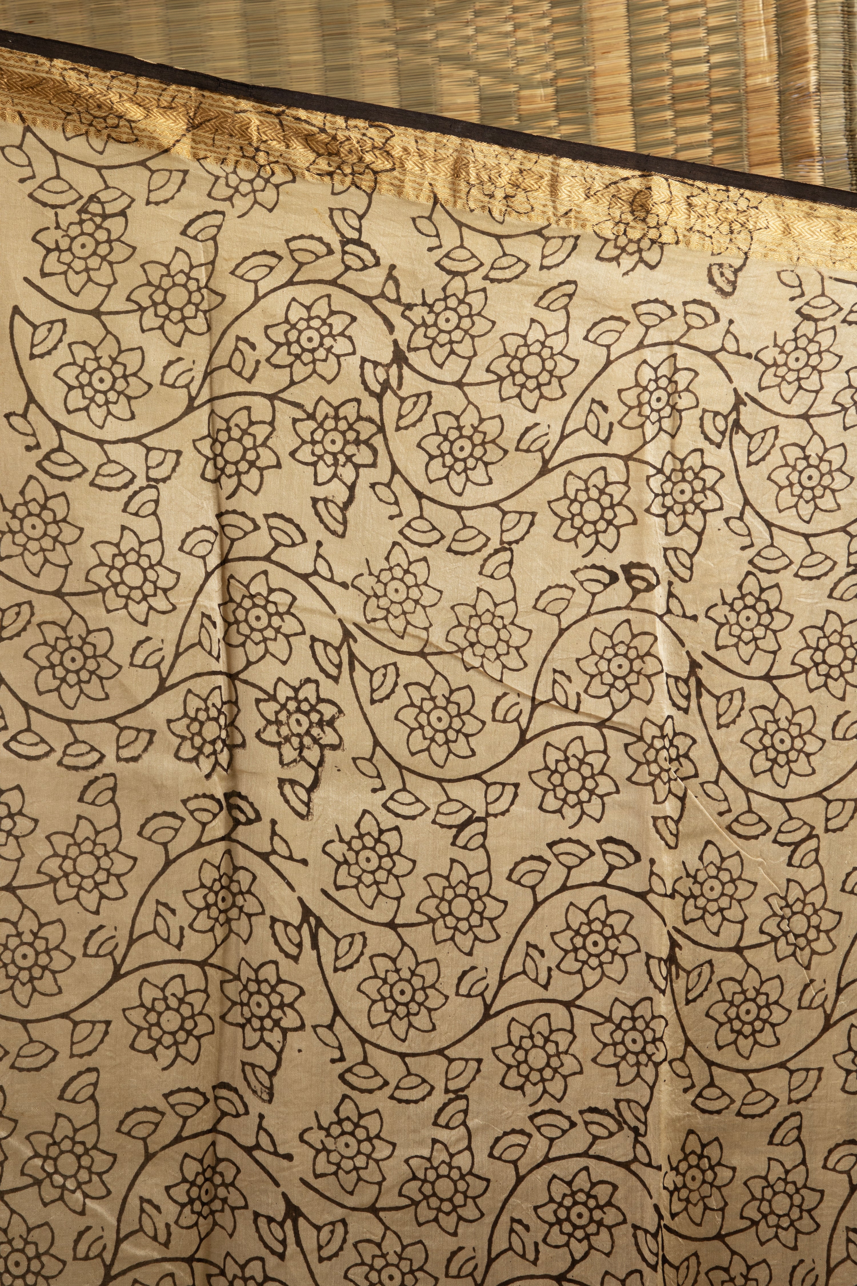 Beige and yellow silk cotton block print saree