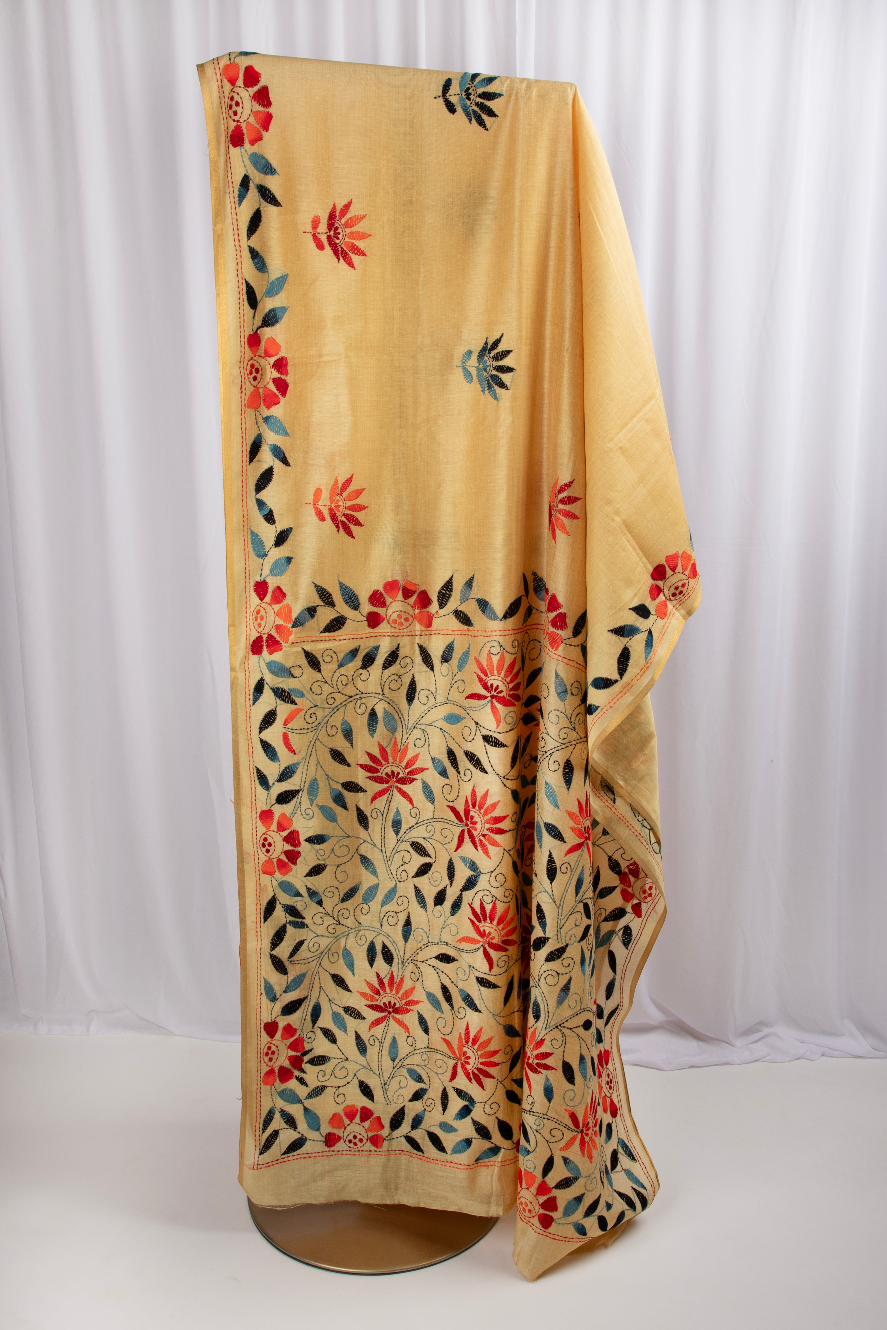 Sunshine yellow kantha stitch saree