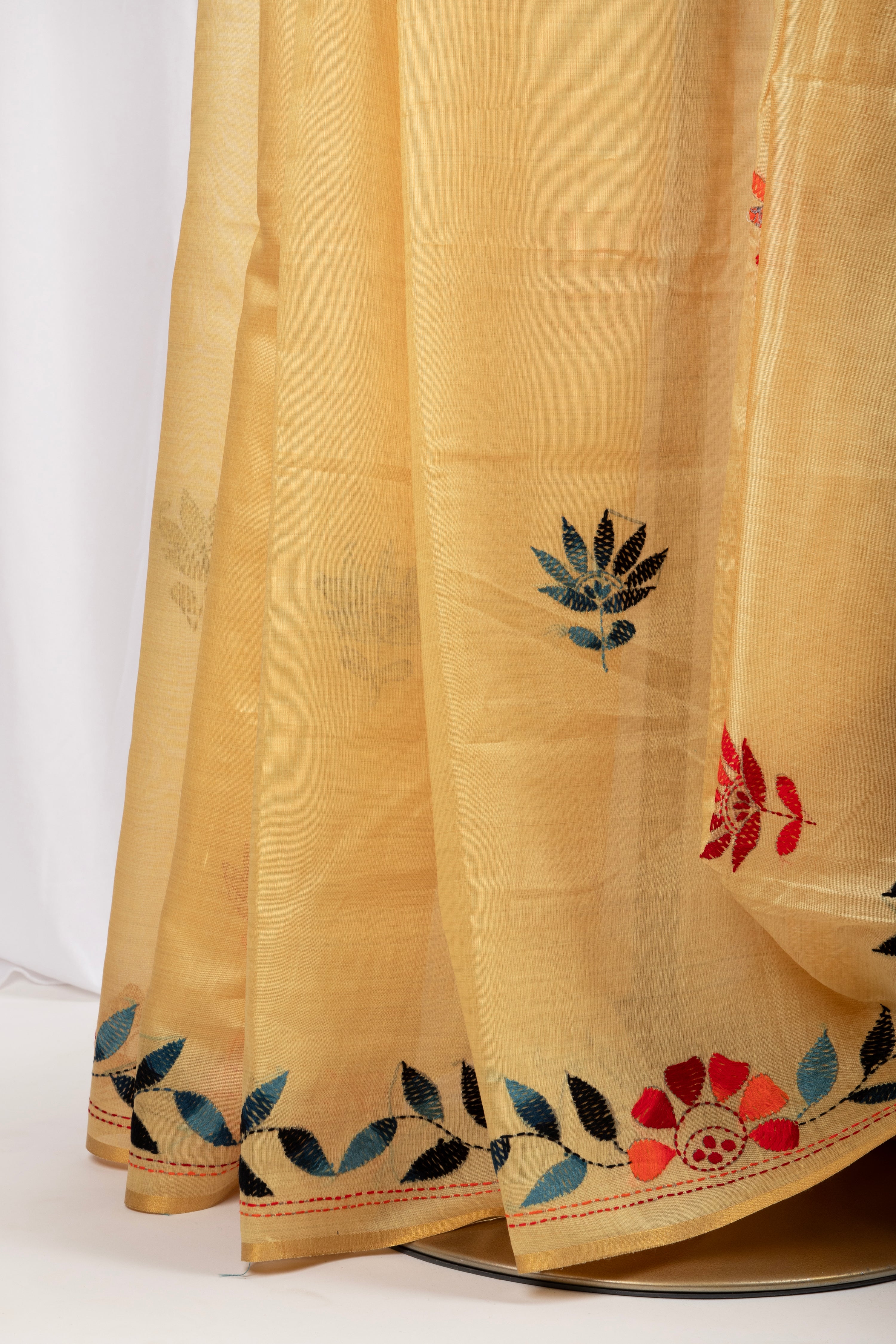 Sunshine yellow kantha stitch saree