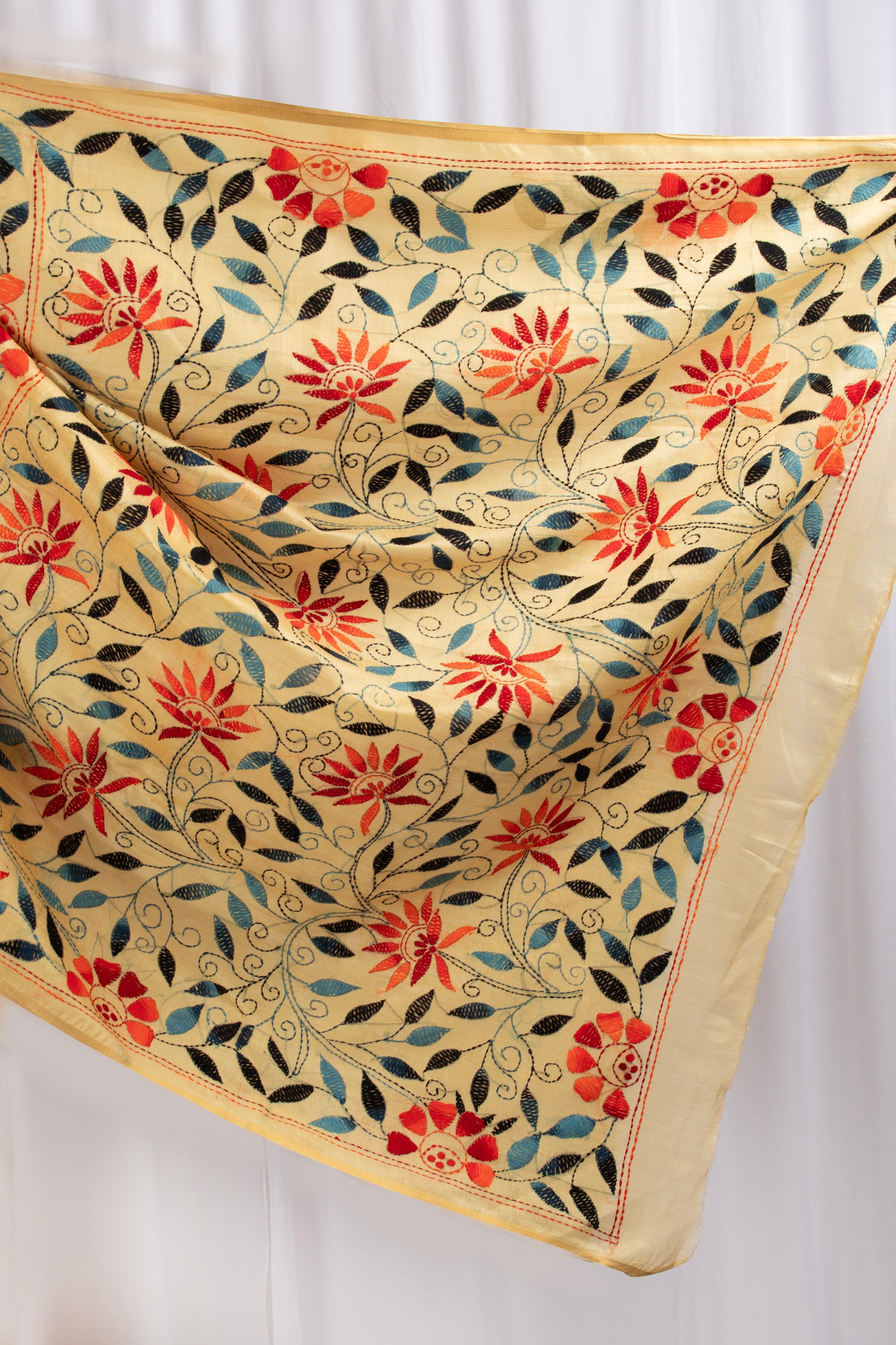 Sunshine yellow kantha stitch saree