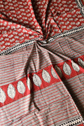 Rust red block print cotton saree