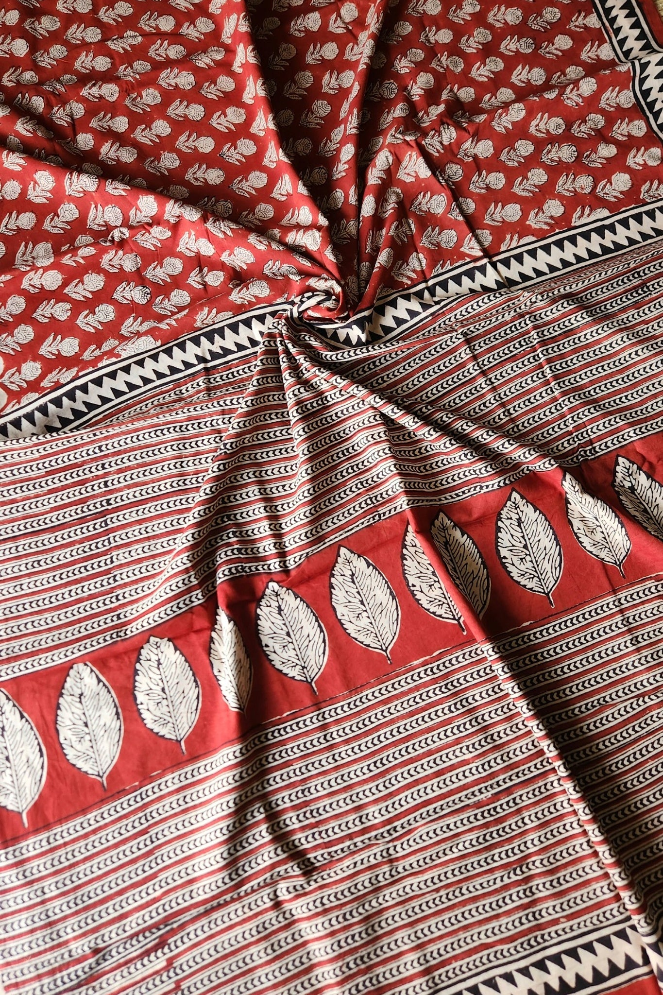 Rust red block print cotton saree