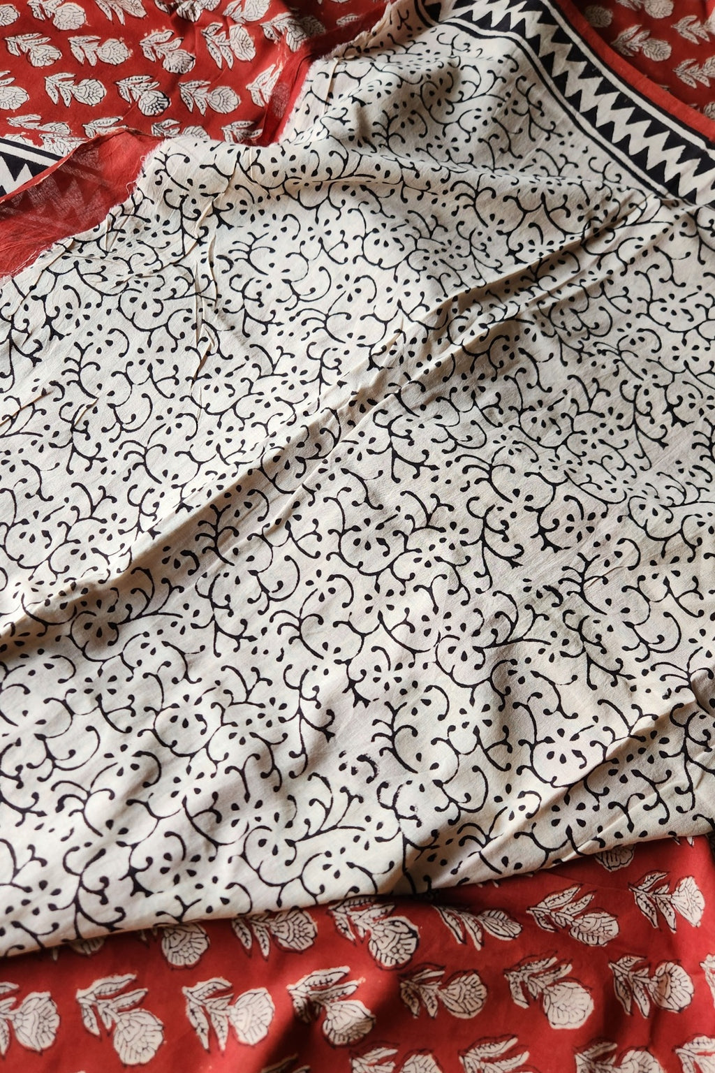 Rust red block print cotton saree