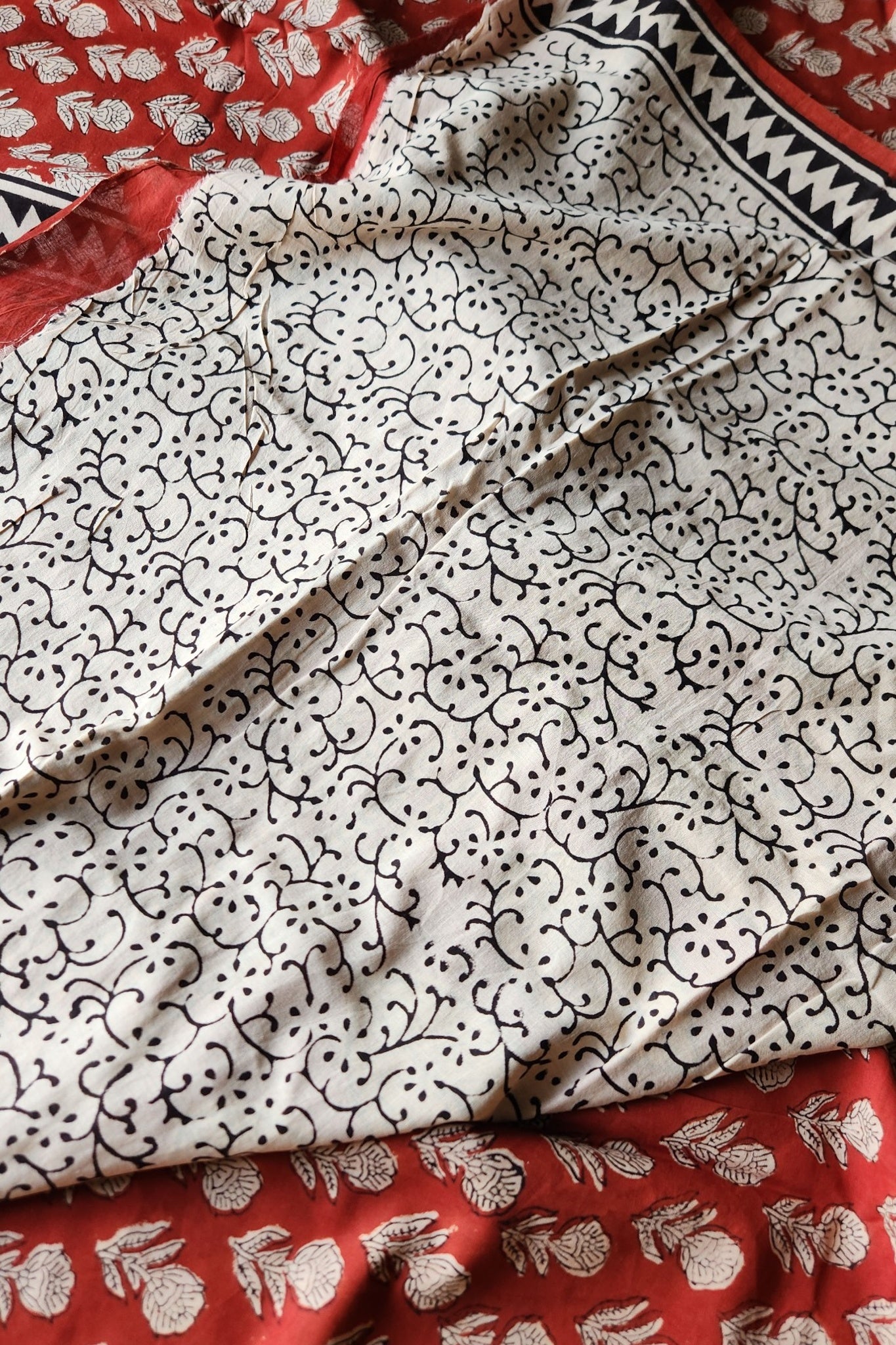 Rust red block print cotton saree