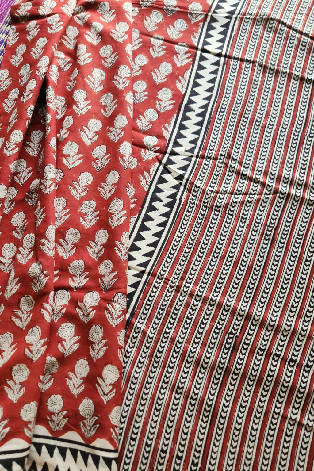 Rust red block print cotton saree