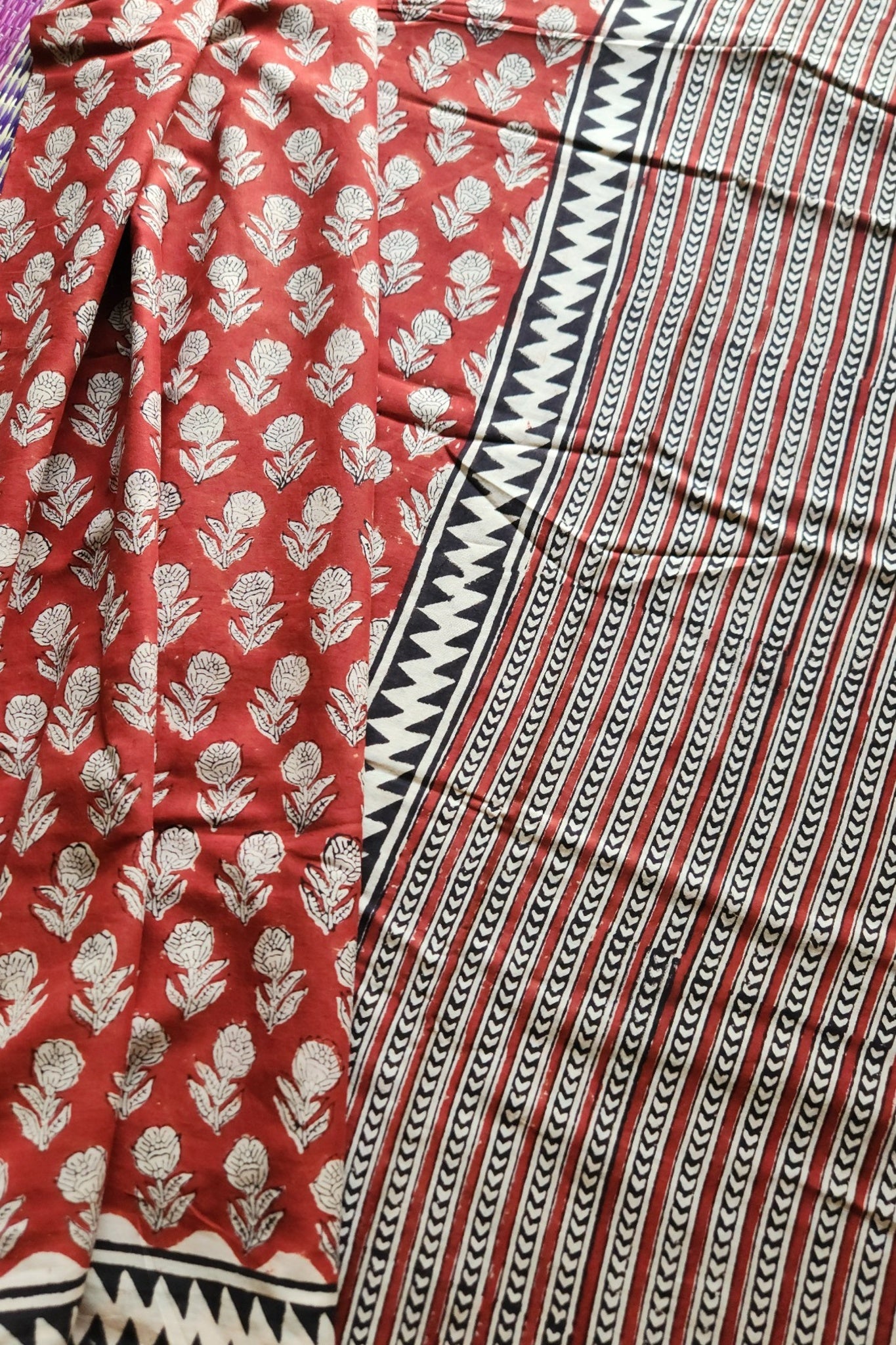 Rust red block print cotton saree