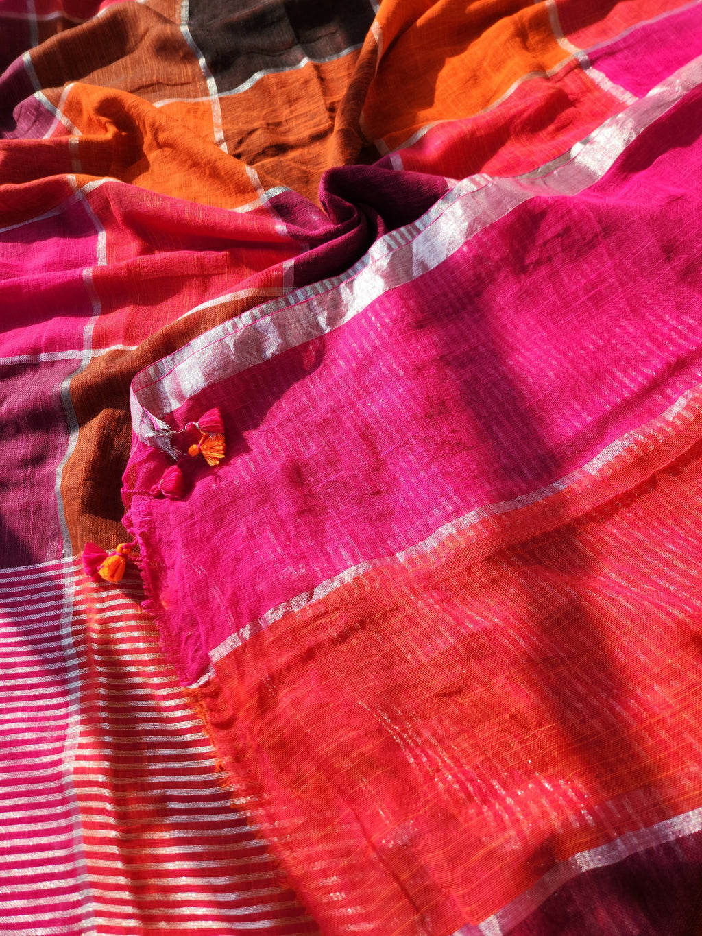 Multi colour block cotton linen saree