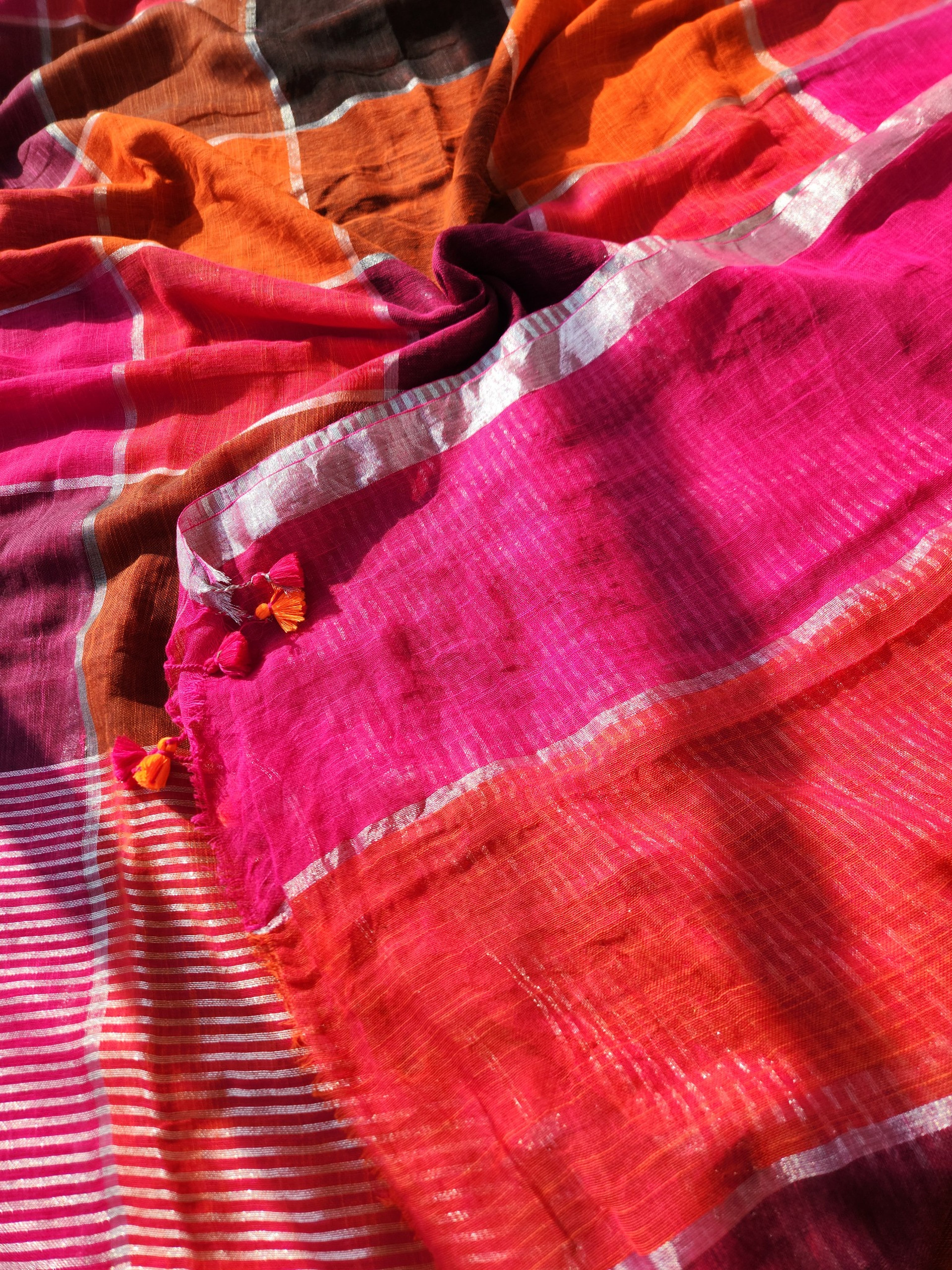 Multi colour block cotton linen saree