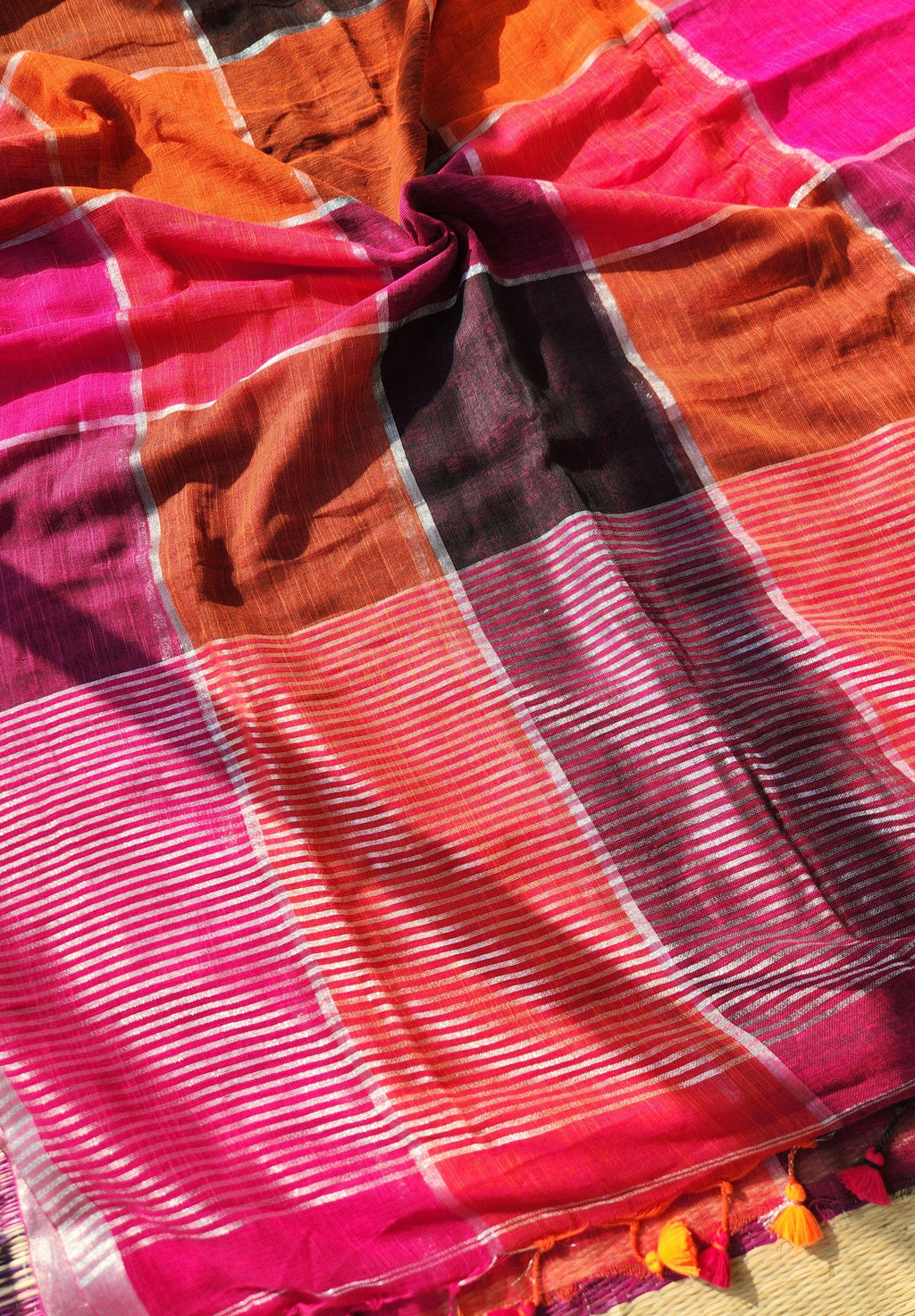 Multi colour block cotton linen saree