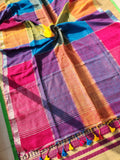 Multi colour block cotton linen saree