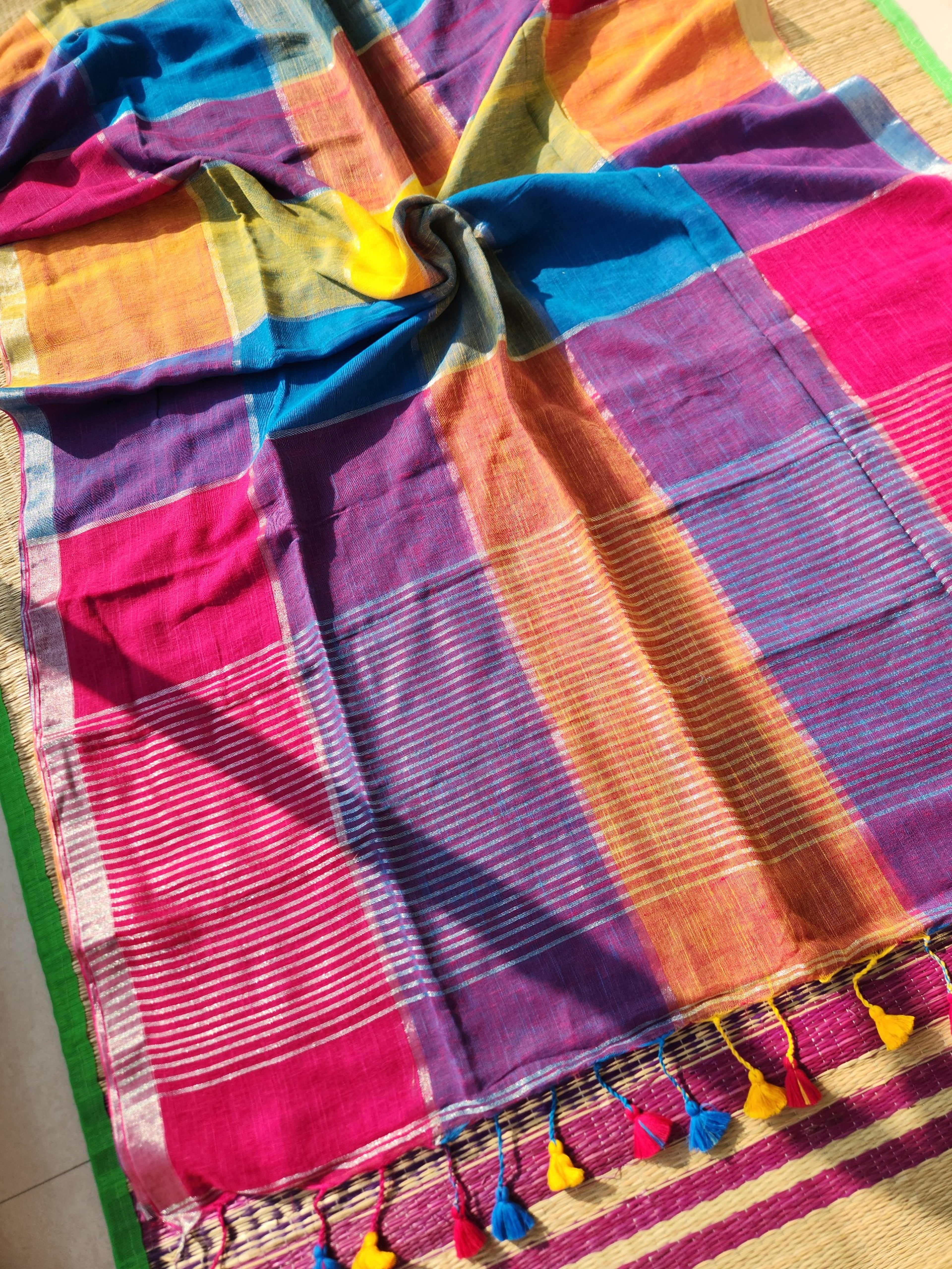 Multi colour block cotton linen saree