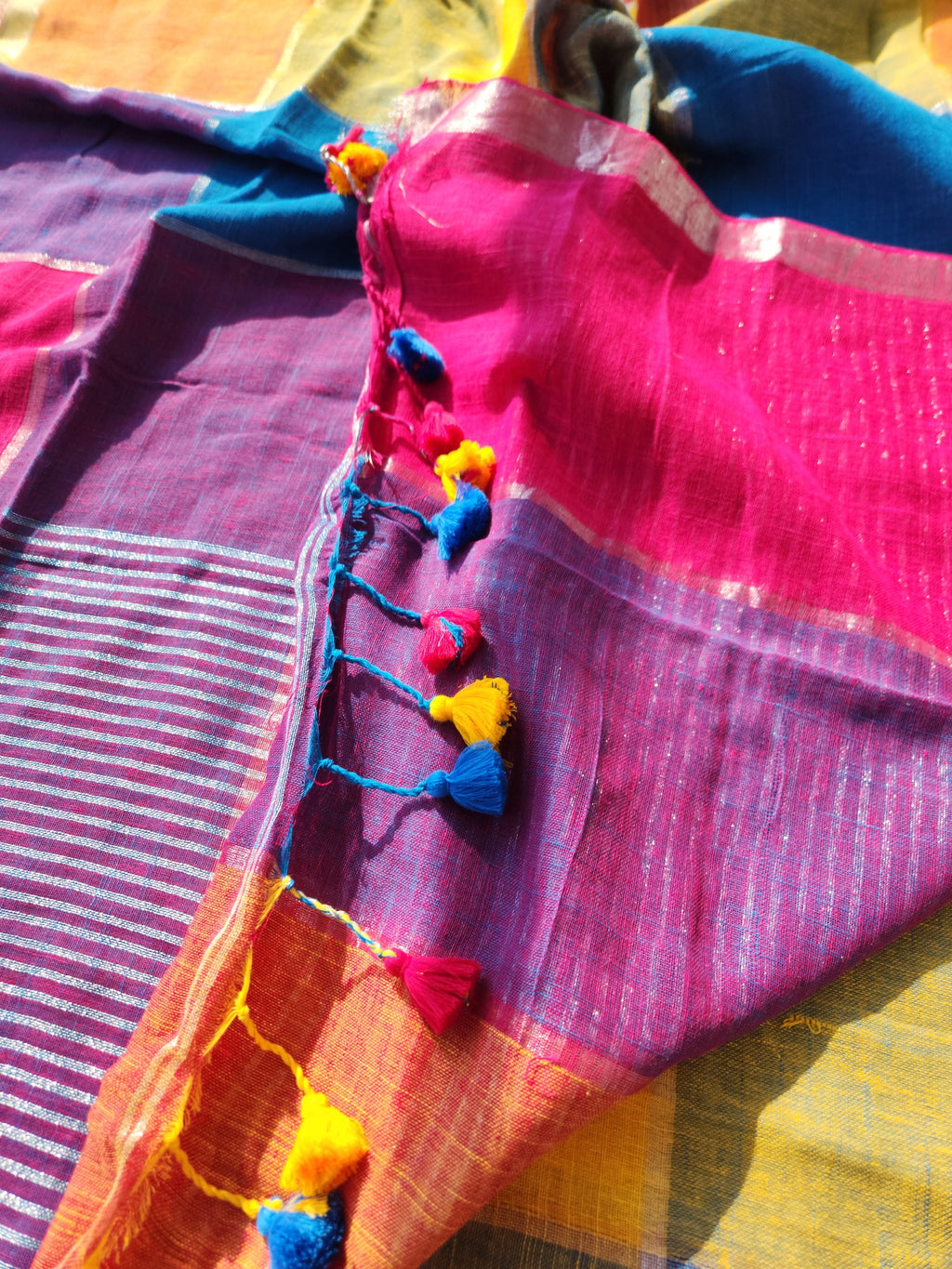 Multi colour block cotton linen saree