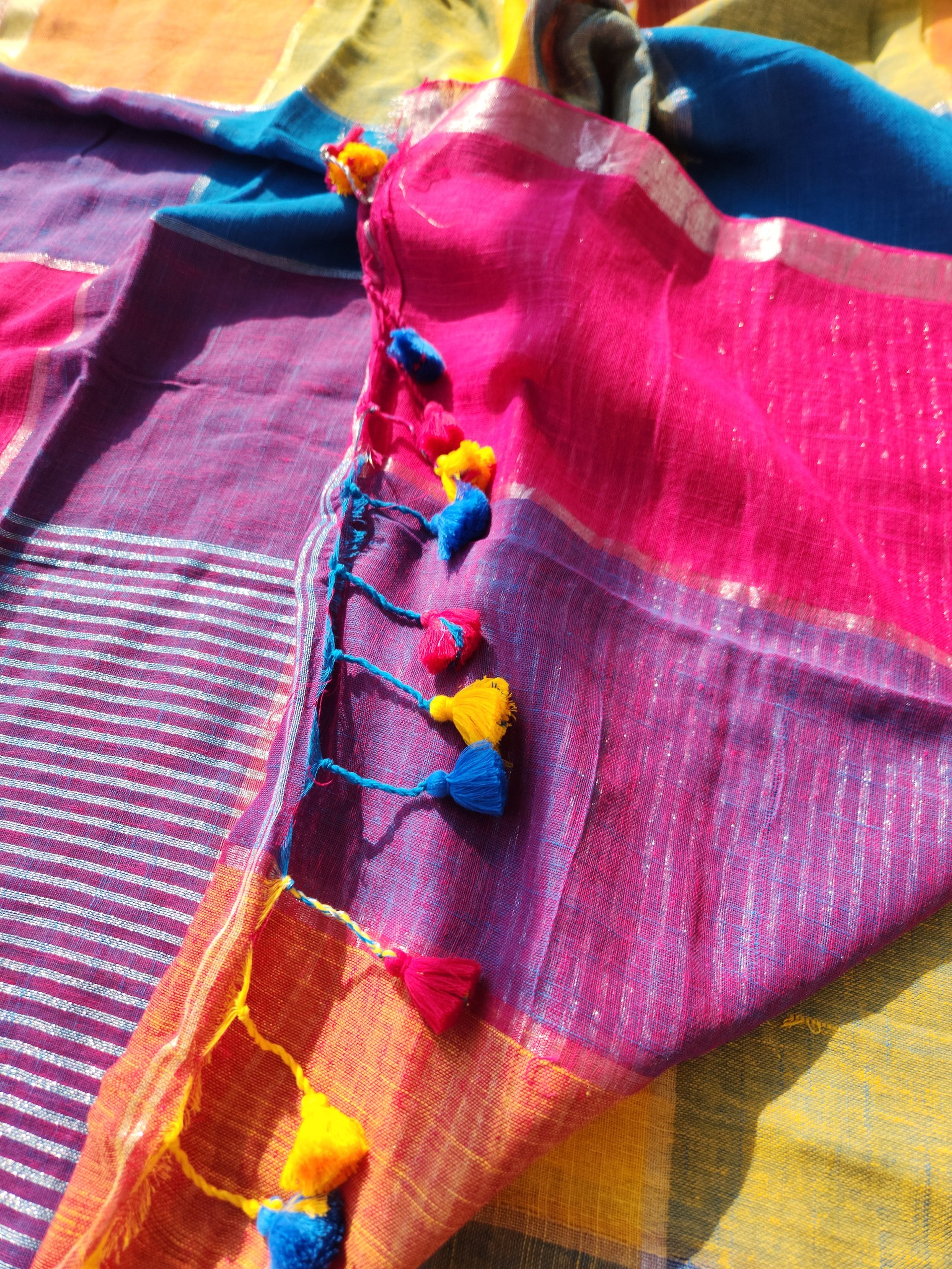 Multi colour block cotton linen saree