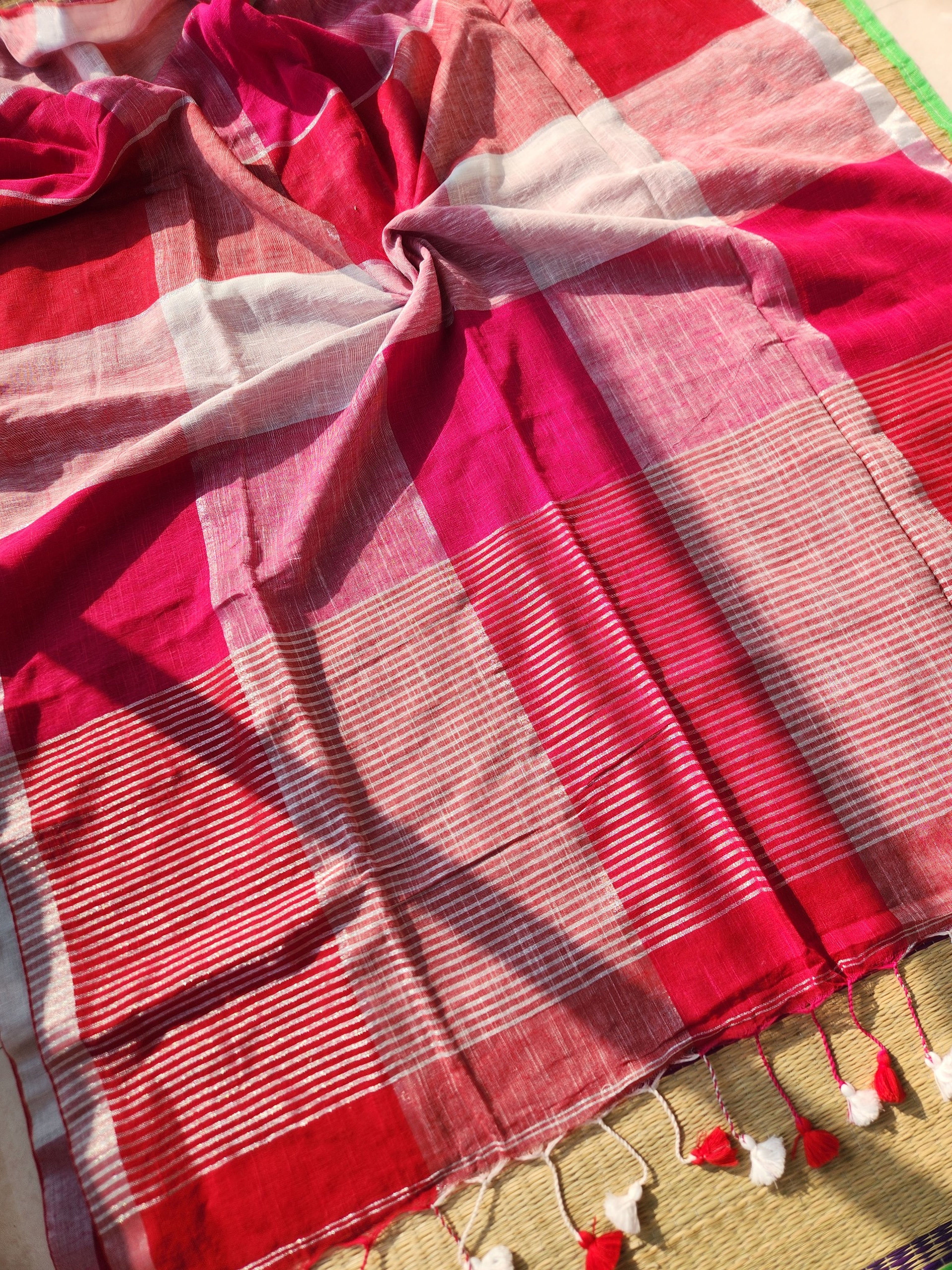 Multicolour block cotton linen saree