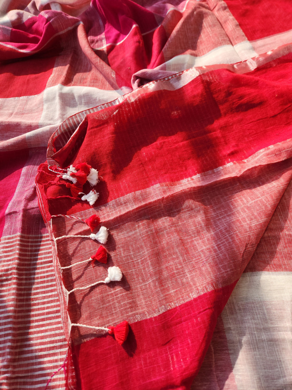 Multicolour block cotton linen saree