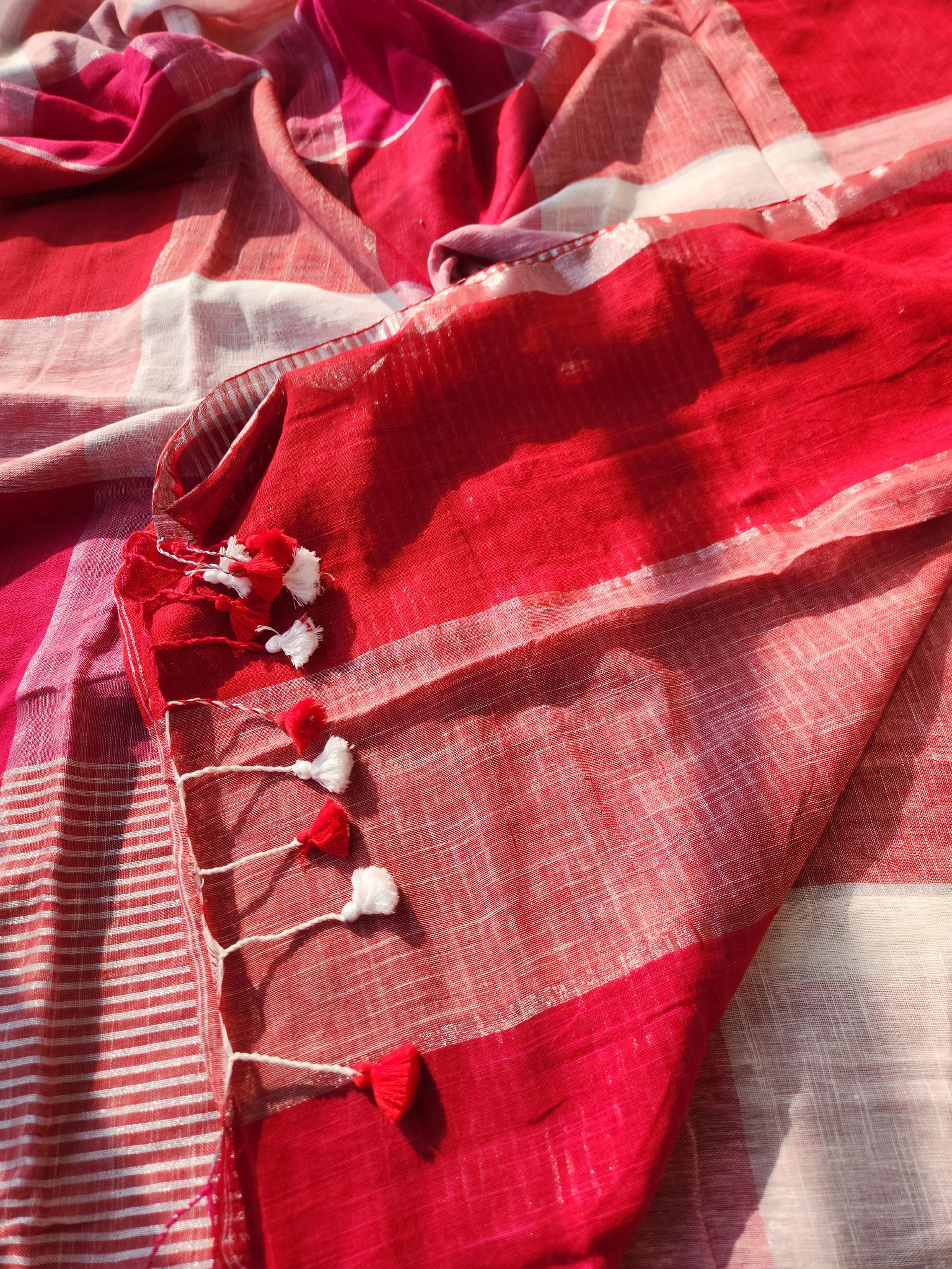 Multicolour block cotton linen saree